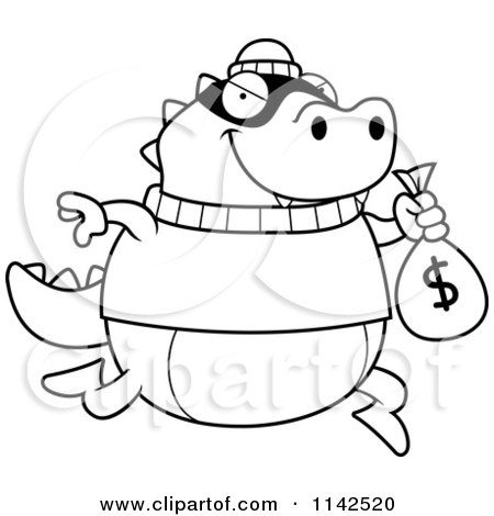 Cartoon Clipart Of A Black And White Lizard Robbing A Bank - Vector Outlined Coloring Page by Cory Thoman