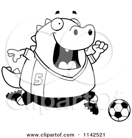Cartoon Clipart Of A Black And White Chubby Lizard Playing Soccer - Vector Outlined Coloring Page by Cory Thoman