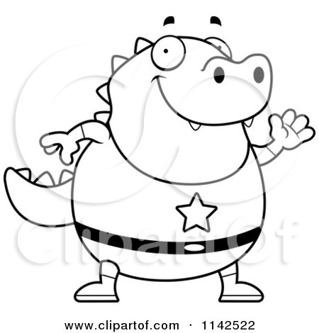 Cartoon Clipart Of A Black And White Chubby Super Lizard Waving - Vector Outlined Coloring Page by Cory Thoman
