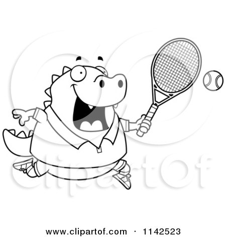 Cartoon Clipart Of A Black And White Chubby Lizard Playing Tennis - Vector Outlined Coloring Page by Cory Thoman