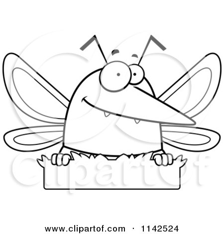 Cartoon Clipart Of A Black And White Mosquito In Grass - Vector Outlined Coloring Page by Cory Thoman