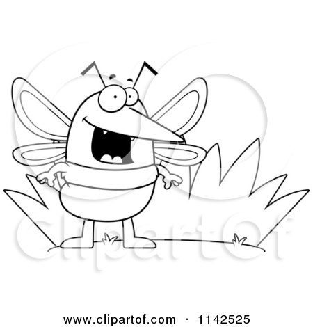 Cartoon Clipart Of A Black And White Mosquito By Grass - Vector Outlined Coloring Page by Cory Thoman