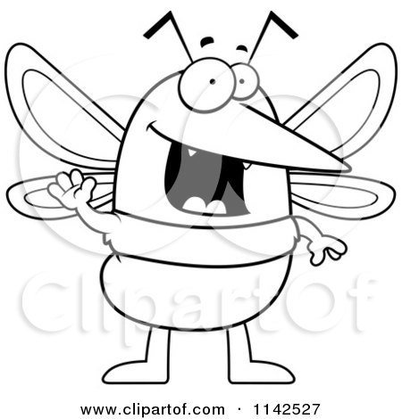 Cartoon Clipart Of A Black And White Waving Mosquito - Vector Outlined Coloring Page by Cory Thoman