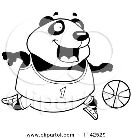 Cartoon Clipart Of A Black And White Chubby Panda Playing Basketball - Vector Outlined Coloring Page by Cory Thoman