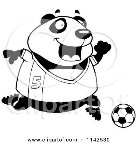 Cartoon Clipart Of A Black And White Chubby Panda Playing Soccer - Vector Outlined Coloring Page by Cory Thoman