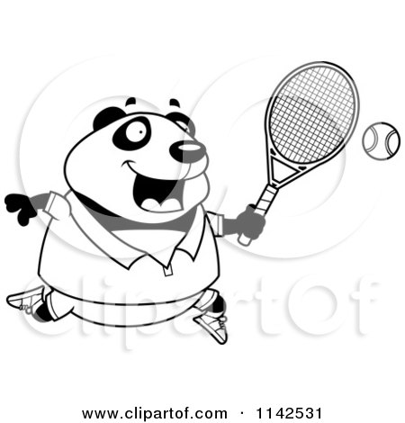 Cartoon Clipart Of A Black And White Chubby Panda Playing Tennis - Vector Outlined Coloring Page by Cory Thoman