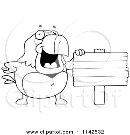 Cartoon Clipart Of A Black And White Parrot Standing By A Blank Wooden Sign Post - Vector Outlined Coloring Page by Cory Thoman