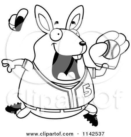 Cartoon Clipart Of A Black And White Chubby Rabbit Playing Baseball - Vector Outlined Coloring Page by Cory Thoman