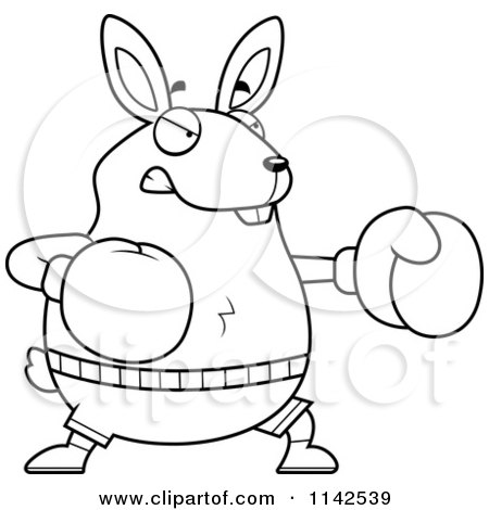 Cartoon Clipart Of A Black And White Chubby Rabbit Boxing - Vector Outlined Coloring Page by Cory Thoman