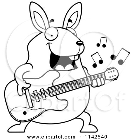 Cartoon Clipart Of A Black And White Chubby Rabbit Guitarist - Vector Outlined Coloring Page by Cory Thoman