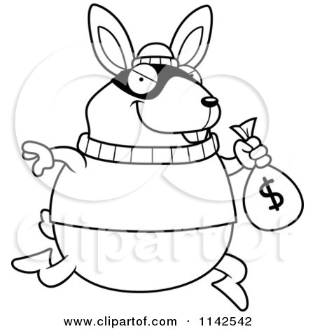 Cartoon Clipart Of A Black And White Rabbit Robbing A Bank - Vector Outlined Coloring Page by Cory Thoman