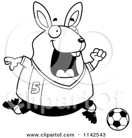 Cartoon Clipart Of A Black And White Chubby Rabbit Playing Soccer - Vector Outlined Coloring Page by Cory Thoman