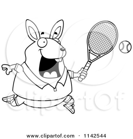 Cartoon Clipart Of A Black And White Chubby Rabbit Playing Tennis