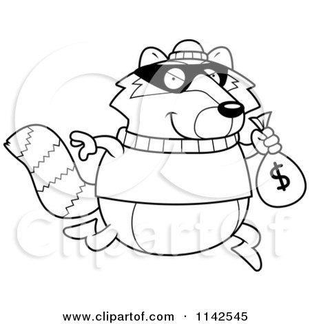 Cartoon Clipart Of A Black And White Raccoon Robbing A Bank - Vector Outlined Coloring Page by Cory Thoman