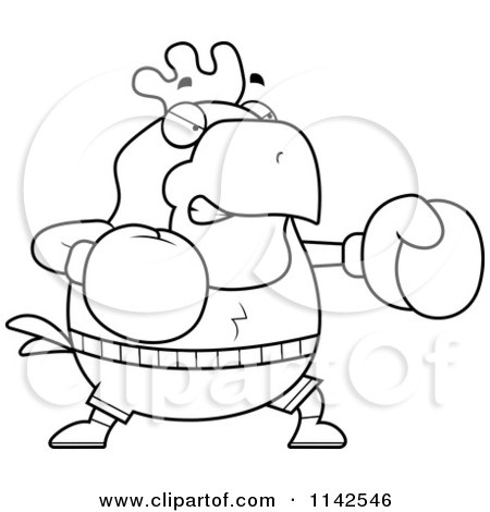 Cartoon Clipart Of A Black And White Chubby Rooster Boxing - Vector Outlined Coloring Page by Cory Thoman