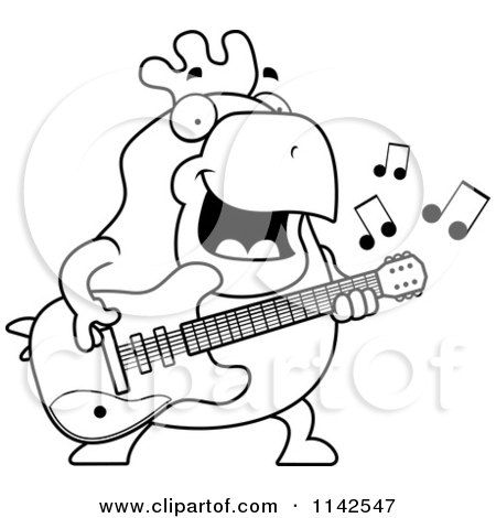 Cartoon Clipart Of A Black And White Chubby Rooster Guitarist - Vector Outlined Coloring Page by Cory Thoman