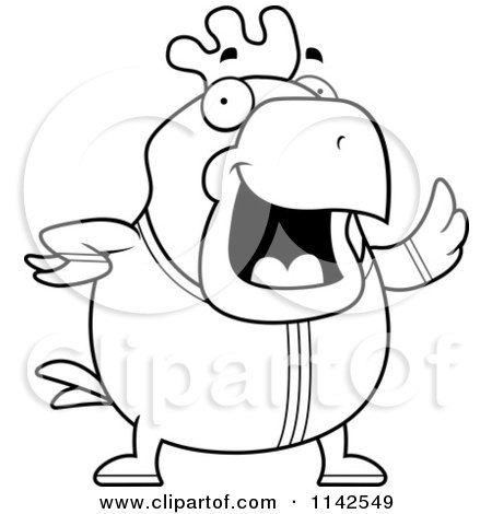 Cartoon Clipart Of A Black And White Chubby Rooster Waving In Pajamas  - Vector Outlined Coloring Page by Cory Thoman