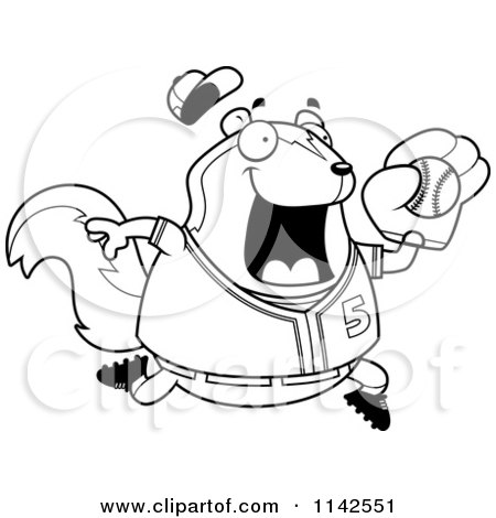 Cartoon Clipart Of A Black And White Chubby Skunk Playing Baseball - Vector Outlined Coloring Page by Cory Thoman