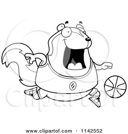 Cartoon Clipart Of A Black And White Chubby Skunk Playing Basketball - Vector Outlined Coloring Page by Cory Thoman
