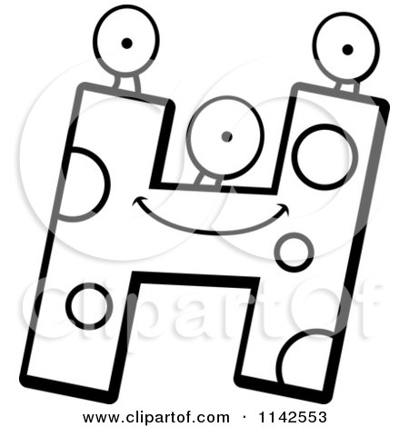 Cartoon Clipart Of A Black And White Alien Letter H - Vector Outlined ...