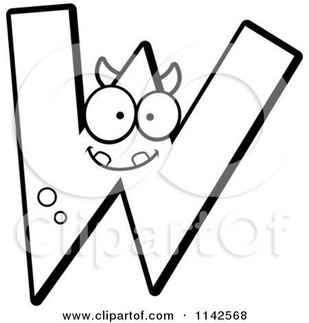Cartoon Clipart Of A Black And White Alien Letter W - Vector Outlined Coloring Page by Cory Thoman