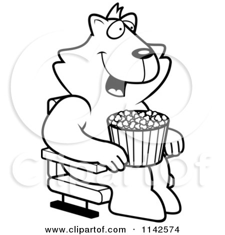 Cartoon Clipart Of A Black And White Happy Cat With Popcorn At The Movie Theater - Vector Outlined Coloring Page by Cory Thoman