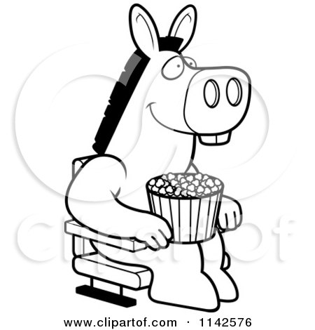 Cartoon Clipart Of A Black And White Happy Donkey With Popcorn At The Movie Theater - Vector Outlined Coloring Page by Cory Thoman