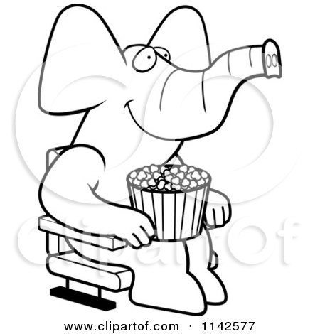 Cartoon Clipart Of A Black And White Happy Elephant With Popcorn At The Movie Theater - Vector Outlined Coloring Page by Cory Thoman