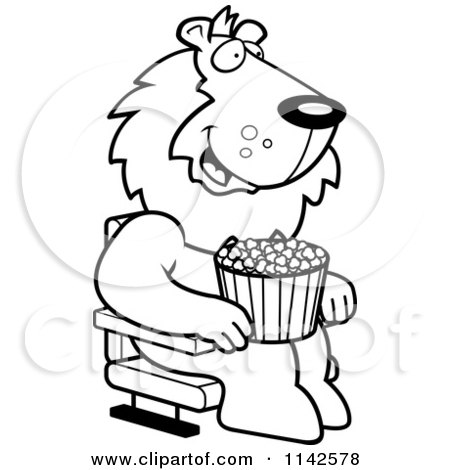 Cartoon Clipart Of A Black And White Happy Lion With Popcorn At The Movie Theater - Vector Outlined Coloring Page by Cory Thoman