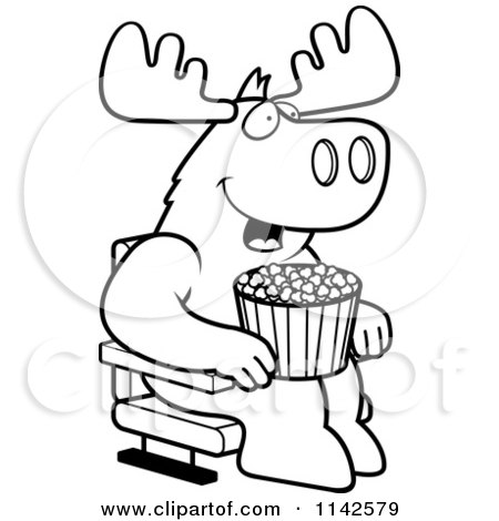Cartoon Clipart Of A Black And White Happy Moose With Popcorn At The Movie Theater - Vector Outlined Coloring Page by Cory Thoman