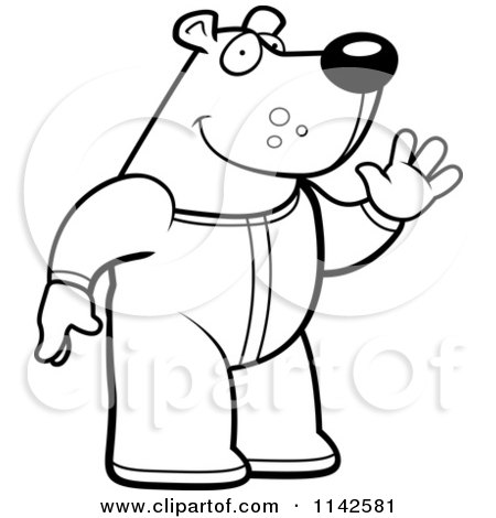 Cartoon Clipart Of A Black And White Waving Bear In Footie Pajamas - Vector Outlined Coloring Page by Cory Thoman