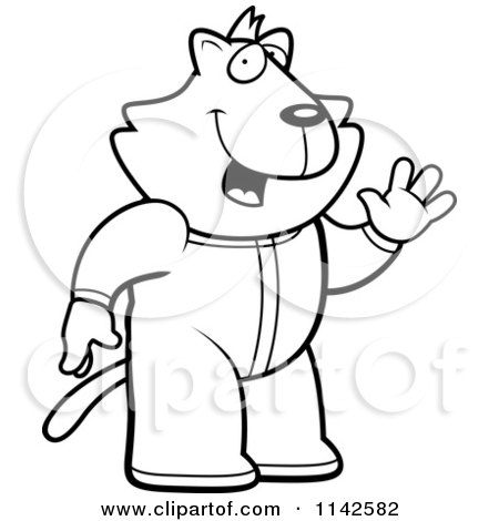 Cartoon Clipart Of A Black And White Waving Cat In Footie Pajamas - Vector Outlined Coloring Page by Cory Thoman