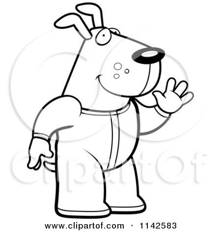 Cartoon Clipart Of A Black And White Waving Dog In Footie Pajamas - Vector Outlined Coloring Page by Cory Thoman