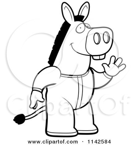 Cartoon Clipart Of A Black And White Waving Donkey In Footie Pajamas - Vector Outlined Coloring Page by Cory Thoman