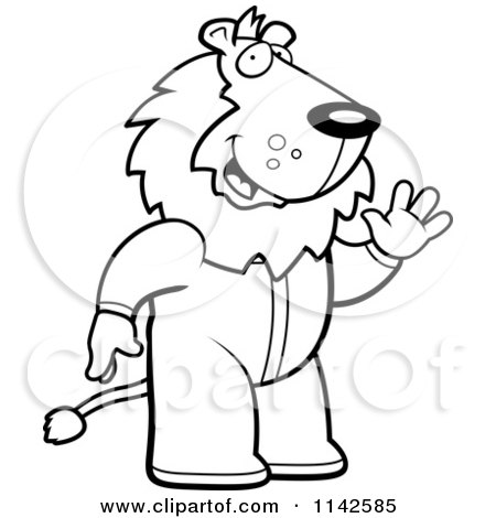 Cartoon Clipart Of A Black And White Waving Lion In Footie Pajamas - Vector Outlined Coloring Page by Cory Thoman
