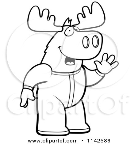 Cartoon Clipart Of A Black And White Waving Moose In Footie Pajamas - Vector Outlined Coloring Page by Cory Thoman