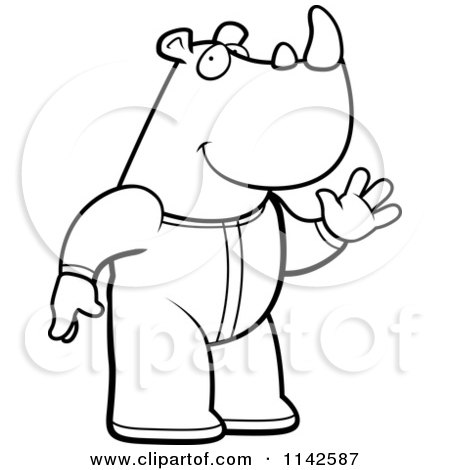 Cartoon Clipart Of A Black And White Waving Rhino In Footie Pajamas - Vector Outlined Coloring Page by Cory Thoman