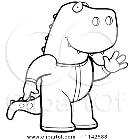 Cartoon Clipart Of A Black And White Waving T Rex In Footie Pajamas - Vector Outlined Coloring Page by Cory Thoman