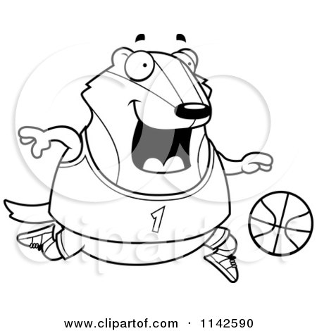 Cartoon Clipart Of A Black And White Chubby Badger Playing Basketball - Vector Outlined Coloring Page by Cory Thoman