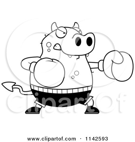 Cartoon Clipart Of A Black And White Chubby Devil Boxing - Vector Outlined Coloring Page by Cory Thoman