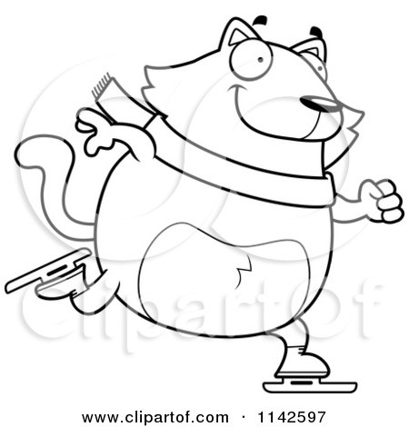 Cartoon Clipart Of A Black And White Chubby Cat Ice Skating - Vector Outlined Coloring Page by Cory Thoman