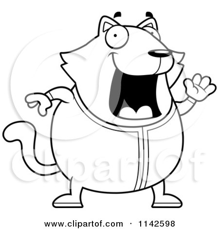 Cartoon Clipart Of A Black And White Chubby Cat Waving In Pajamas - Vector Outlined Coloring Page by Cory Thoman