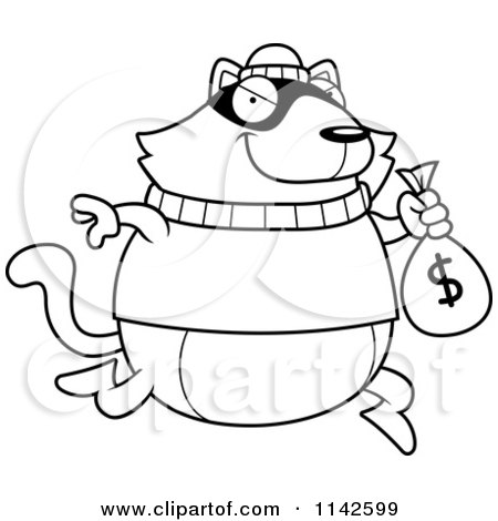 Cartoon Clipart Of A Black And White Cat Robbing A Bank - Vector Outlined Coloring Page by Cory Thoman