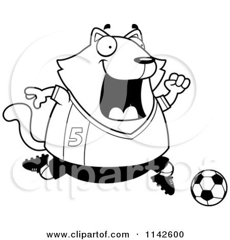 Cartoon Clipart Of A Black And White Chubby Cat Playing Soccer - Vector Outlined Coloring Page by Cory Thoman
