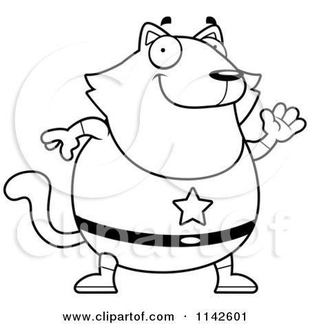 Cartoon Clipart Of A Black And White Chubby Super Cat Waving - Vector Outlined Coloring Page by Cory Thoman