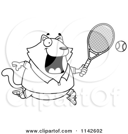 Cartoon Clipart Of A Black And White Chubby Cat Playing Tennis - Vector Outlined Coloring Page by Cory Thoman