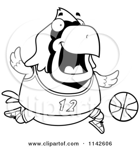 Cartoon Clipart Of A Black And White Chubby Cardinal Playing Basketball - Vector Outlined Coloring Page by Cory Thoman