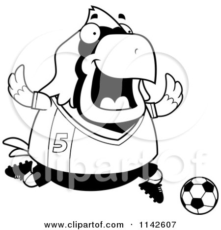 Cartoon Clipart Of A Black And White Chubby Cardinal Playing Soccer - Vector Outlined Coloring Page by Cory Thoman