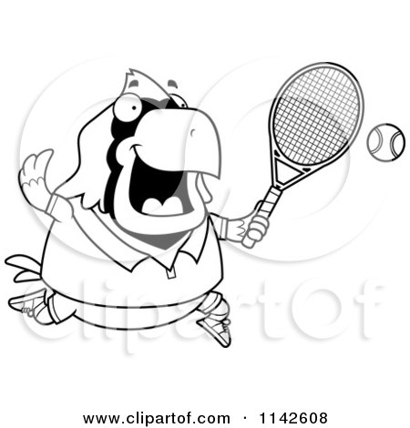 Cartoon Clipart Of A Black And White Chubby Cardinal Playing Tennis - Vector Outlined Coloring Page by Cory Thoman