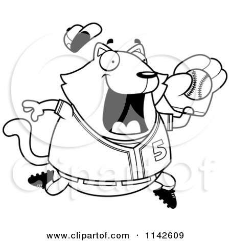 Cartoon Clipart Of A Black And White Chubby Cat Playing Baseball - Vector Outlined Coloring Page by Cory Thoman